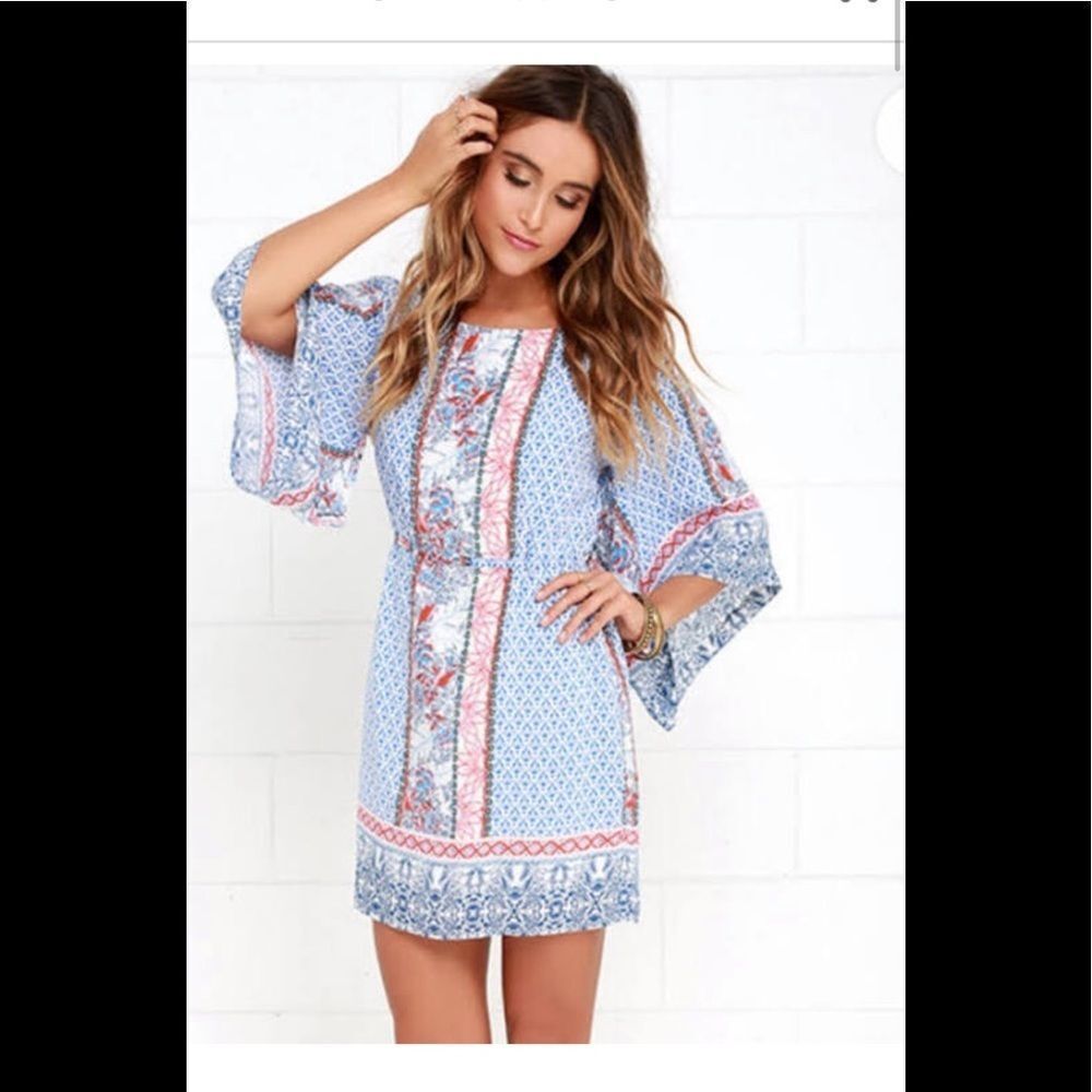 Aakaa Kimono Sleeves Mini Dress  Blue & Orange Round Neckline EUC S 👍